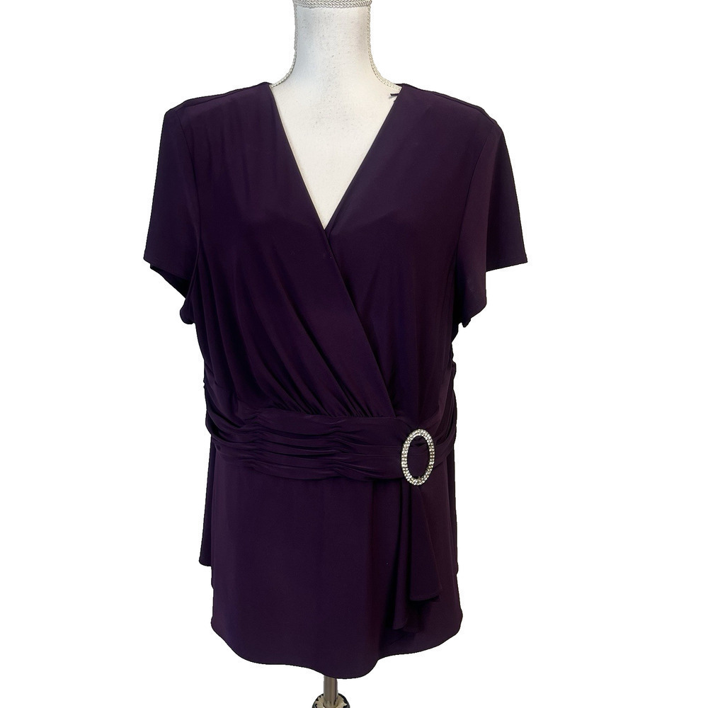 R&M Richards Top Blouse Plus size 20W Plum Purple Stretch Diamond Buckle Wedding
